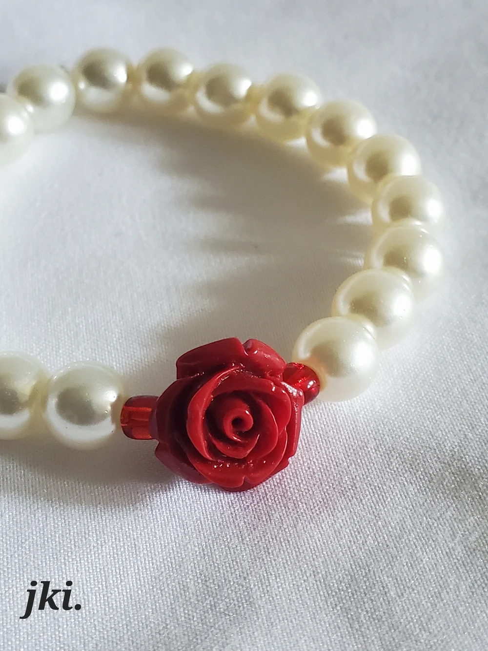 Roselle Bracelet - Ivory white Pearl with Red Rose Accent